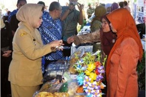 Bupati Kuningan, Hj Utje CH Suganda saat keliling melihat stand seusai peringatan Hari Krida Pertanian.