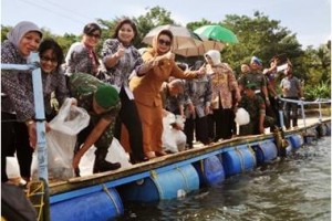 Solidaritas Istri Kabinet Indonesia Bersatu saat menebar ikan di Waduk Darma.